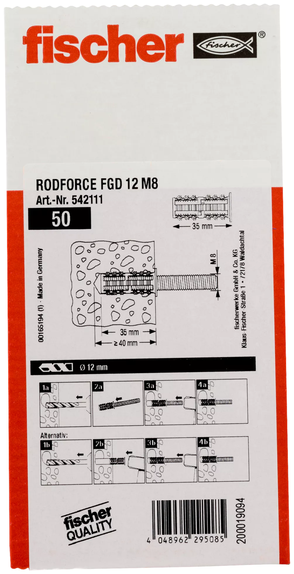 Fischer Дюбель для монтажа резьбовых шпилек RODFORCE FGD 12 M8 (фото 3)